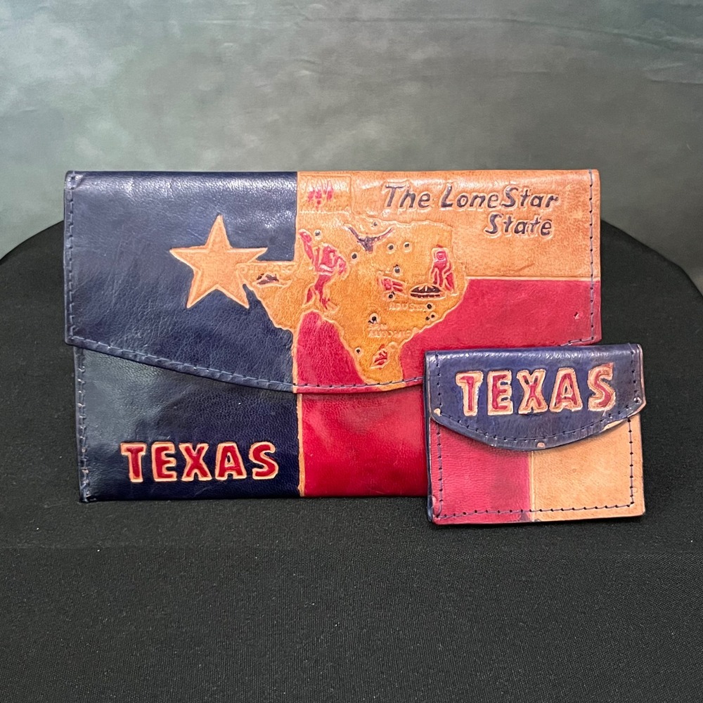 Vintage Texas‎ Lone Star State Hand Tooled Leather Wallet and Coin Purse Set